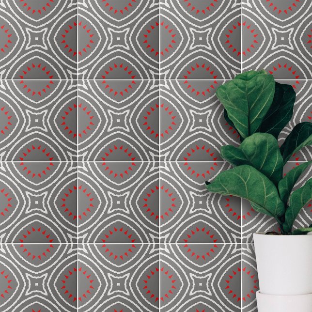 Grey White Red Ethnic Boho Chic Geometric Pattern Ceramic Tile (Creator Uploaded)