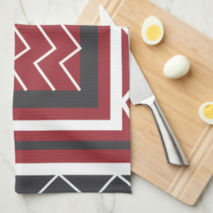 Grey White Red Square Chevron Stripe Pattern Tea Towel