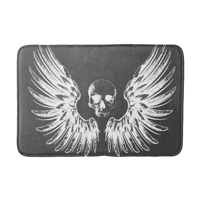 Grey & White Rock Angel Wings Skull Bath Mat (Front)