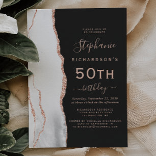 Grey White Rose Gold Agate Dark 50th Birthday Invitation