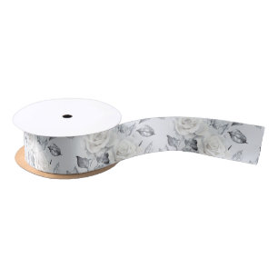 Grey White Roses Floral Romantic Wedding Satin Ribbon