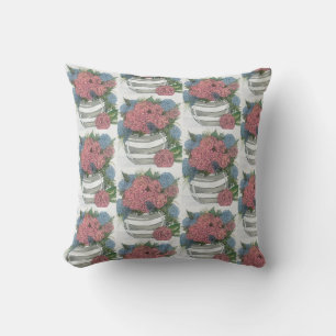 Grey & White Round Vase of Hydrangeas and Peonies Cushion
