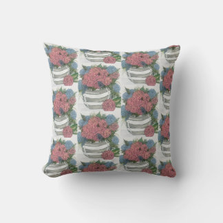 Grey & White Round Vase of Hydrangeas and Peonies Cushion