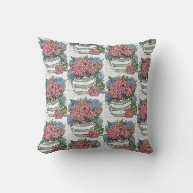 Grey & White Round Vase of Hydrangeas and Peonies Cushion (Front)