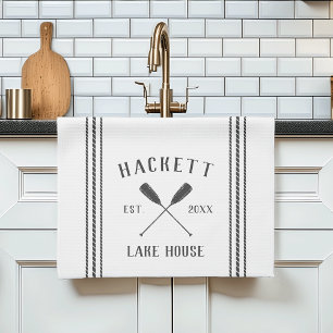 Grey & White Rustic Oars Personalised Lake House Tea Towel
