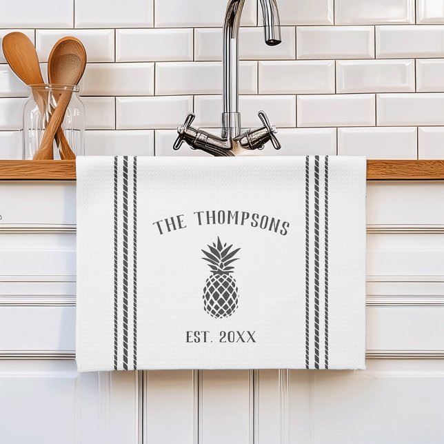 Grey & White Rustic Pineapple Personalised Tea Towel (Creator Uploaded)