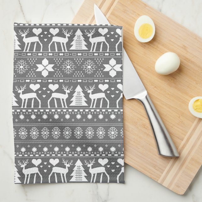 Grey & White Scandinavian Nordic Winter Christmas Tea Towel (Quarter Fold)