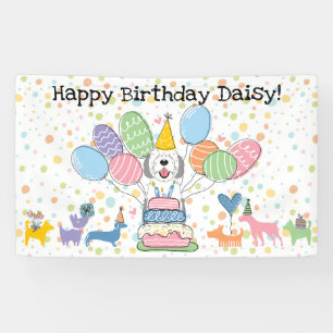Grey & White Sheepadoodle Dog Birthday Party Banner