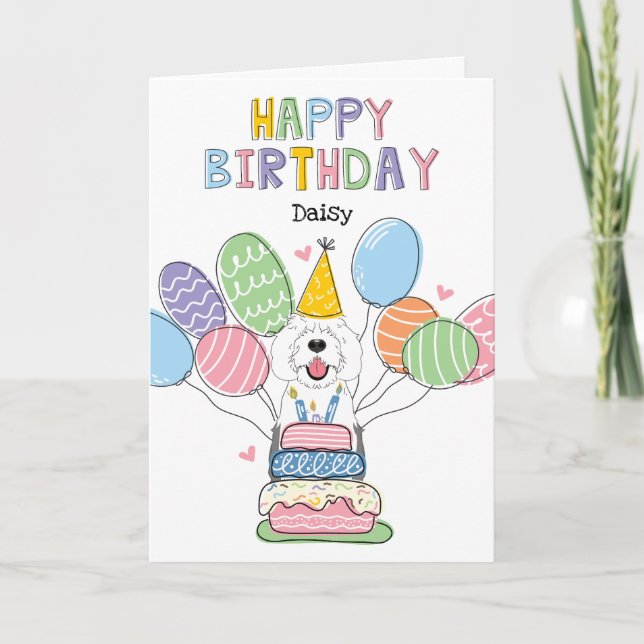 Grey & White Sheepadoodle Dog Happy Birthday Card (Front)