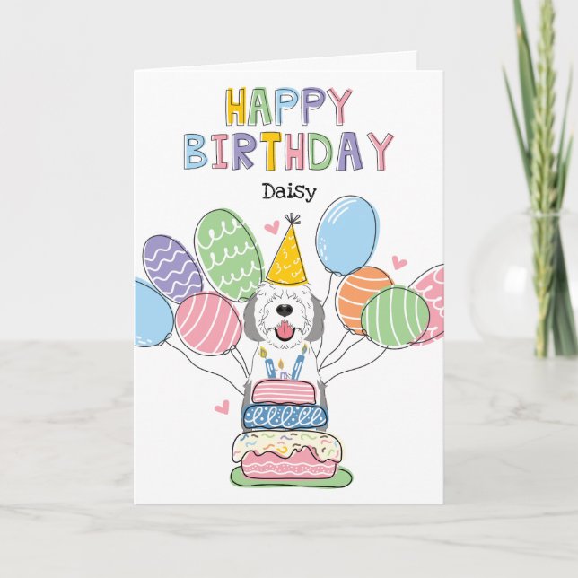 Grey & White Sheepadoodle Dog Happy Birthday Card (Front)