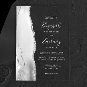 Grey White Silver Agate Wedding Acrylic Invitations
