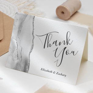 Grey White Silver Agate Wedding Thank You Card