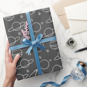 Grey White Simple Planet and Stars Wrapping Paper