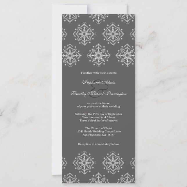 Grey + white snowflakes winter wedding invitation (Front)