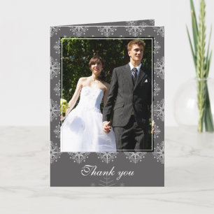 Grey + white snowflakes winter wedding thank you card