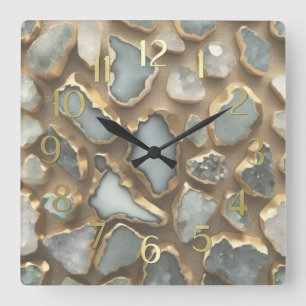 Grey White Stones Trimmed in Gold Square Wall Clock