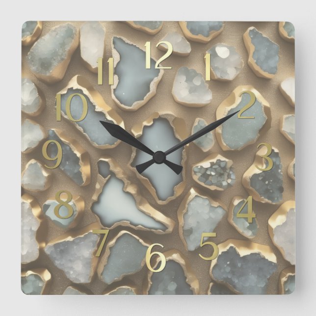 Grey White Stones Trimmed in Gold Square Wall Clock (Front)