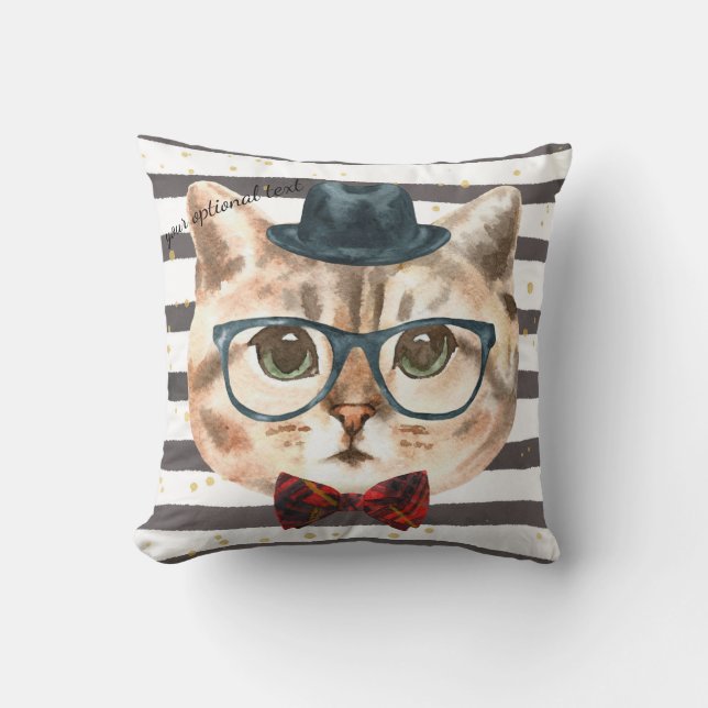 Grey & White Stripe Hipster Cat Head Pillow (Front)