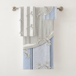Grey & White Stripe Horse  Bathroom Towel Sets