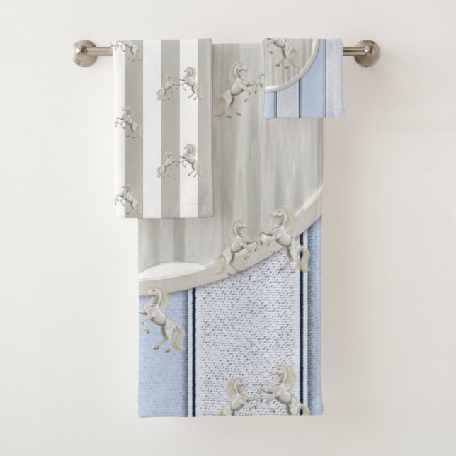 Grey & White Stripe Horse  Bathroom Towel Sets (Insitu)