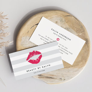Grey & White Stripe   Pink Lip Print Business Card