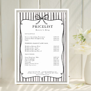 Grey White Stripe Vintage Bow Price List Poster