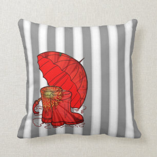 Grey  White Stripe with Red Umbrella & Rain Boot Cushion