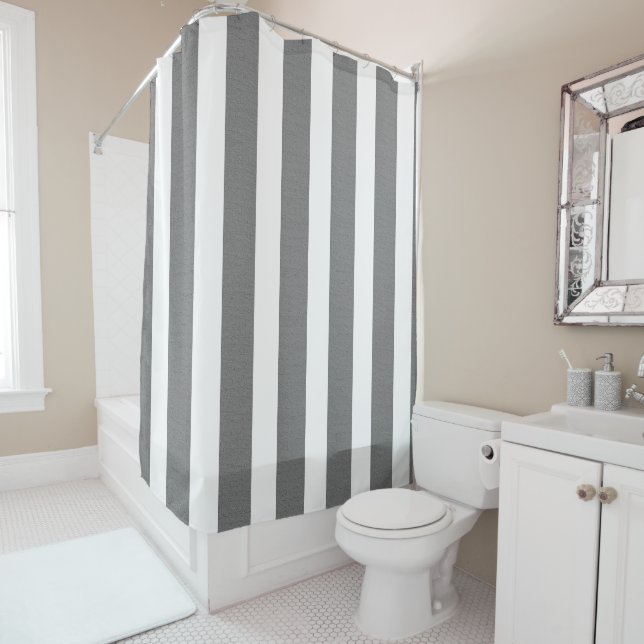 Grey & White Striped Custom Shower Shower Curtain (In Situ)