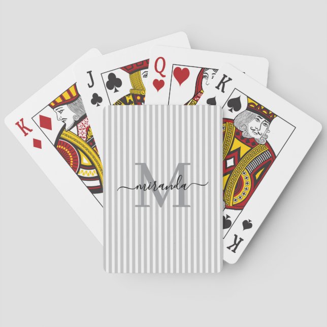 Grey & White Striped Monogram Name Playing Cards (Back)