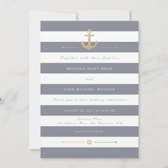 Grey White Striped Nautical Wedding Invitation (Front)
