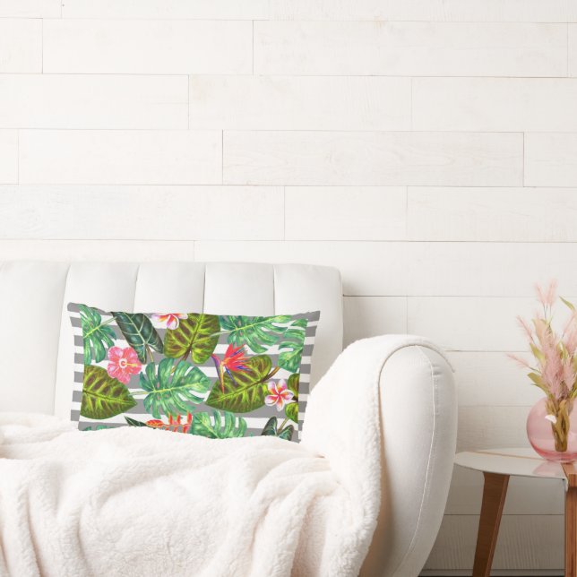 Grey & White Striped Tropical Leaves Throw Pillow (Couch)