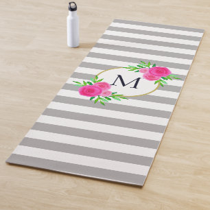 Grey White Stripes Chic Hot Pink Floral Monogram Yoga Mat