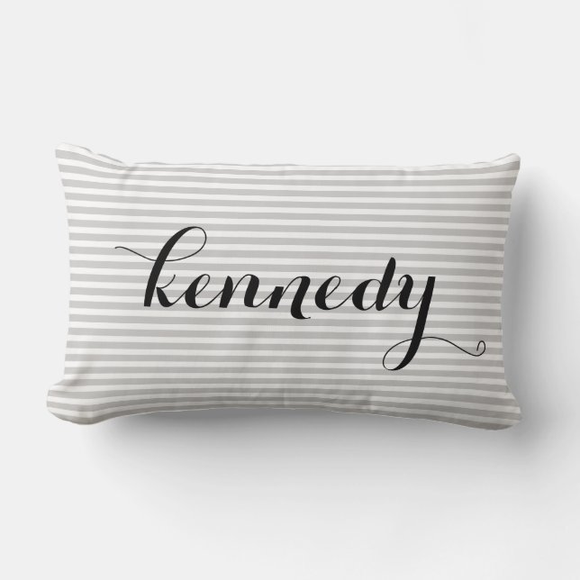 Grey White Stripes Custom Monogram Lumbar Cushion (Front)