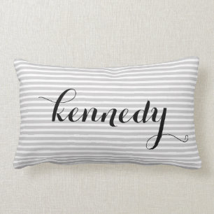 Grey White Stripes Custom Monogram Lumbar Cushion