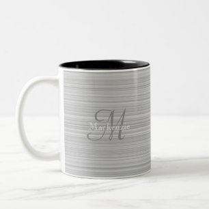 Grey White Stripes Custom Monogram Name Two-Tone Coffee Mug