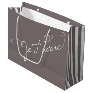 grey white stripes Je T adore French I Adore You Large Gift Bag