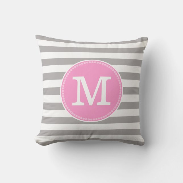 Grey White Stripes Minimal Pastel Pink Monogram Cushion (Front)