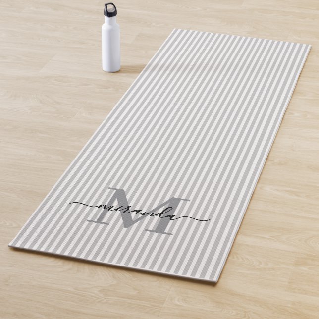 Grey & White Stripes Monogram Name Yoga Mat (In Situ)