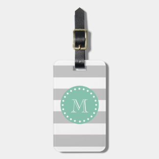 Grey White Stripes Pattern, Mint Green Monogram Luggage Tag