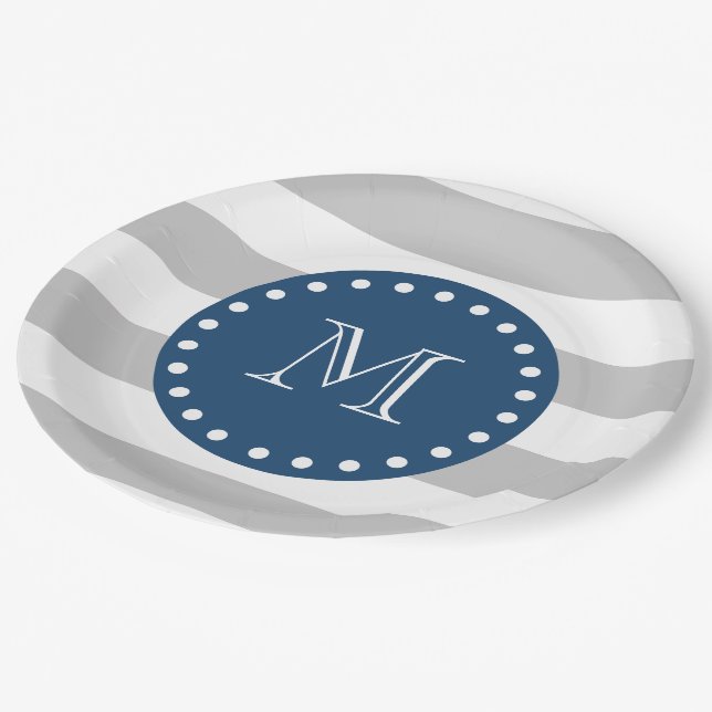 Grey White Stripes Pattern, Navy Blue Monogram Paper Plate (Angled)