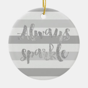 Grey White Stripes Sparkle Ceramic Ornament