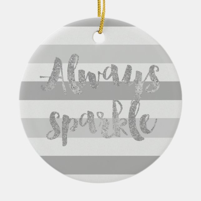 Grey White Stripes Sparkle Ceramic Ornament (Front)