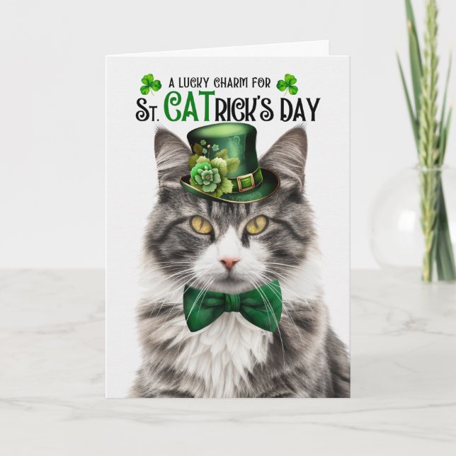 Grey White Tabby Cat St CATrick's Day Lucky Charm Holiday Card (Front)
