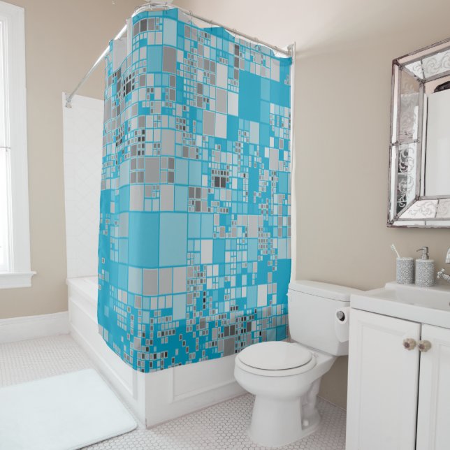 Grey  white teal geometric art shower curtain (In Situ)