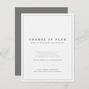 Grey white text postponed change of wedding plan invitation