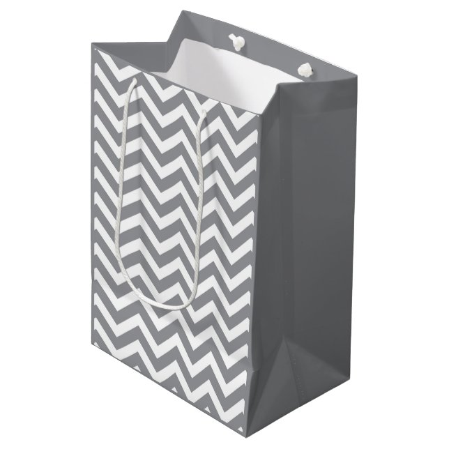 Grey & White Thick Chevron Wedding Birthday V2 Medium Gift Bag (Front Angled)