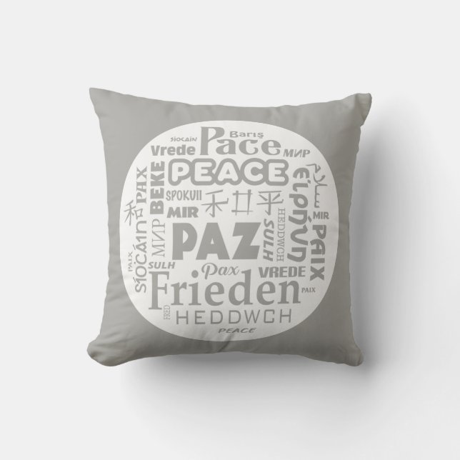 Grey/white throw cushion/peace in multi-languages cushion (Front)