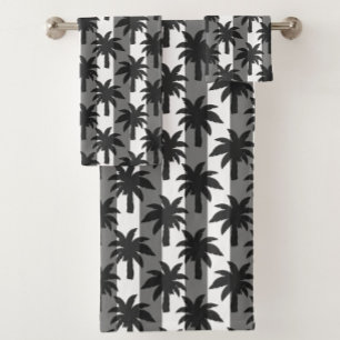 Grey White Tropical Palm Trees Stripes Design Bath Towel Set