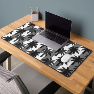 Grey White Tropical Palm Trees Stripes Design  Desk Mat