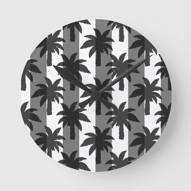 Grey White Tropical Palm Trees Stripes Design  Round Clock (Front)